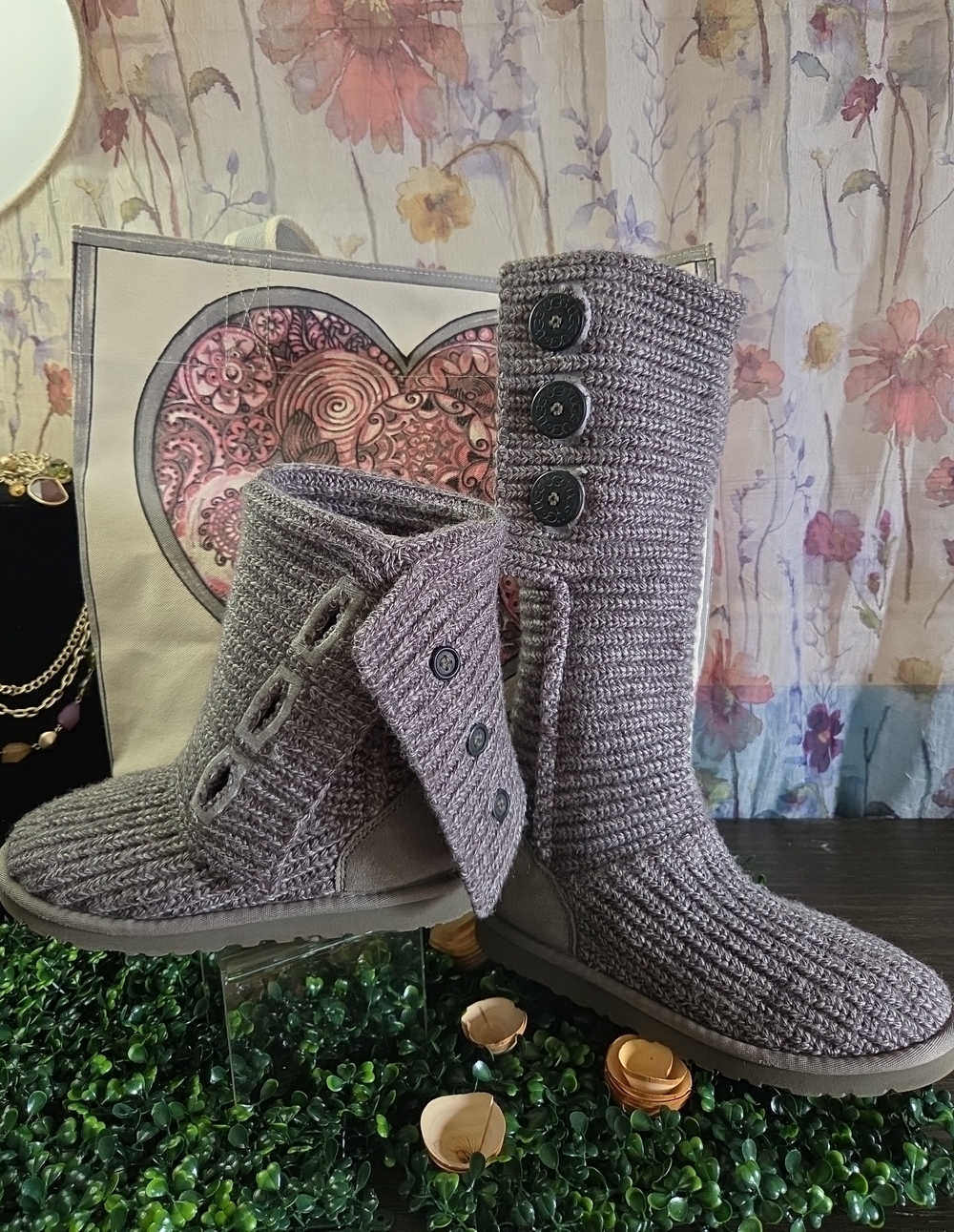 UGG Cardy Sheepskin & Suede Foldover Cable Sweater Boots With Logo Buttons
